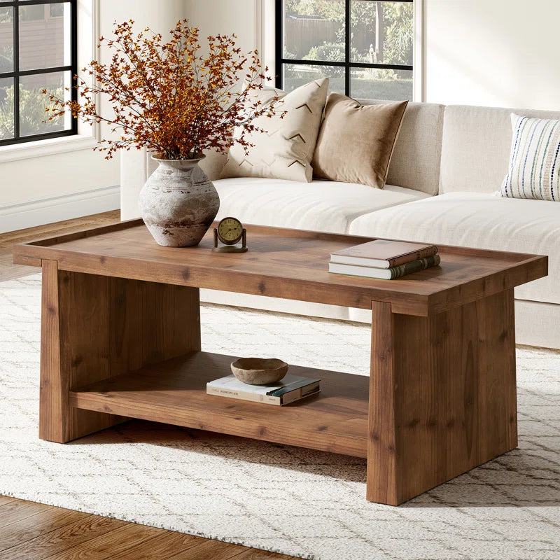 47.24" Rectangular Solid Wood Coffee Table, Farmhouse 2-tier Center Table For Living Room