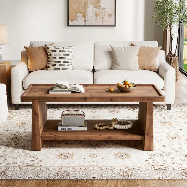 47.24" Rectangular Solid Wood Coffee Table, Farmhouse 2-tier Center Table For Living Room