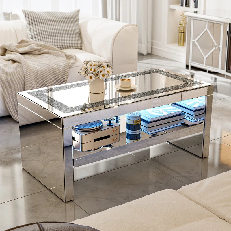 Mirrored Coffee Table With Mirror Crystal Board, Glass Rectangle Coffee Table With 2 Tier Storage Space For Living Room