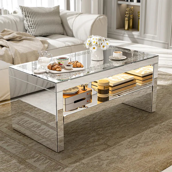 Mirrored Coffee Table With Mirror Crystal Board, Glass Rectangle Coffee Table With 2 Tier Storage Space For Living Room