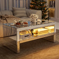 Mirrored Coffee Table With Mirror Crystal Board, Glass Rectangle Coffee Table With 2 Tier Storage Space For Living Room
